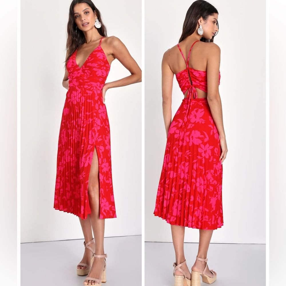 Lulus Vibrant Moment Red and Pink Floral Pleated Lace-Up Midi Dress Size XS NWT